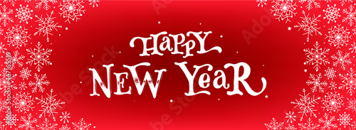 New year and Christmas banner, social media cover, print, card, invitation design. Lettering quote decorated with borders of snowflakes on red background. EPS 10