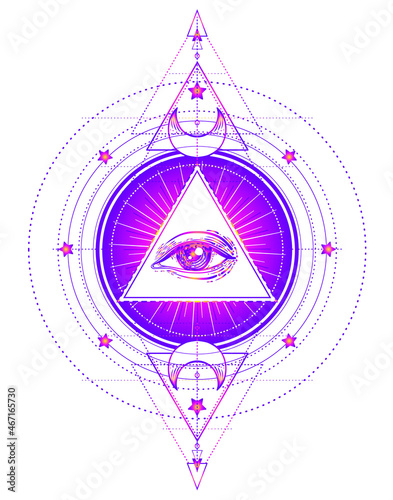 Sacred geometry symbol with all seeing eye isolated on white. Mystic, alchemy, occult concept. Design for indie music album cover, t-shirt print, boho poster, flyer. Astrology, shamanism, religion.