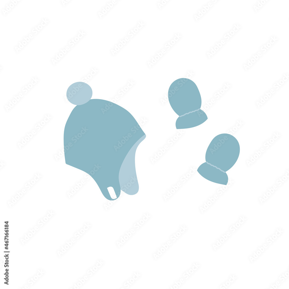 Blue winter hat and mittens for children. Knit wool hat with pompom. Isolated vector illustration Blue winter hat and mittens for children. Knit wool hat with pompom. Isolated vector illustration