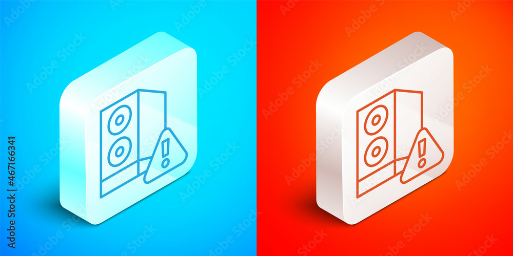 Isometric line Case of computer with exclamation mark icon isolated on blue and red background. Computer server. Workstation. Silver square button. Vector Isometric line Case of computer with exclamation mark icon isolated on blue and red background. Computer server. Workstation. Silver square button. Vector