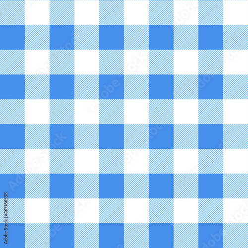 Light blue gingham fabric pattern background. Picnic tablecloth seamless checkered.