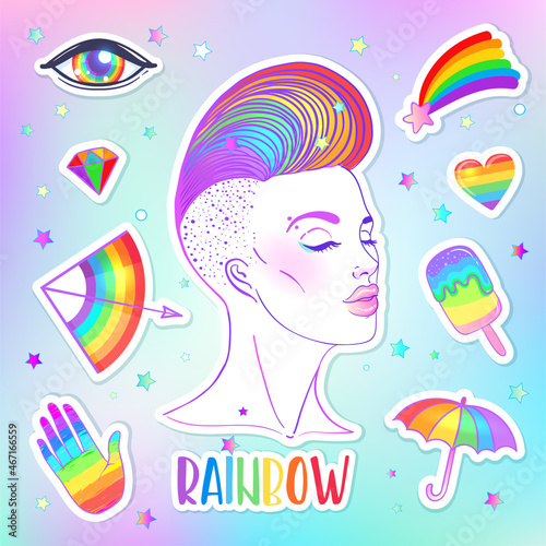 Rainbow sickers. Portrait of a young pretty woman with short side shaved haircut. Lesbian patch set. LGBT concept. Vector illustration isolated.