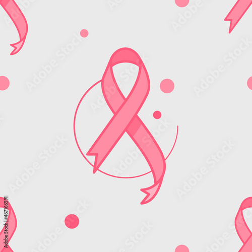Pink ribbon breast cancer awareness symbols seamless pattern. Flat style.