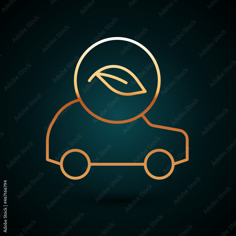 Gold line Eco car concept drive with leaf icon isolated on dark blue background. Green energy car symbol. Vector Gold line Eco car concept drive with leaf icon isolated on dark blue background. Green energy car symbol. Vector
