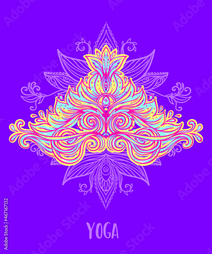 Stretch and Strength. Yoga card design. Colorful template for spiritual retreat or yoga studio. Ornamental business cards, oriental pattern. Vector illustration