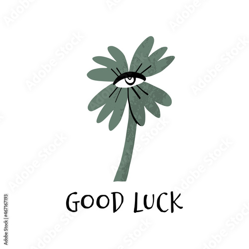 Contemporary, esoteric card. Traditional Irish Luck catcher, Four leaf clover plant with eye and greeting text Good luck