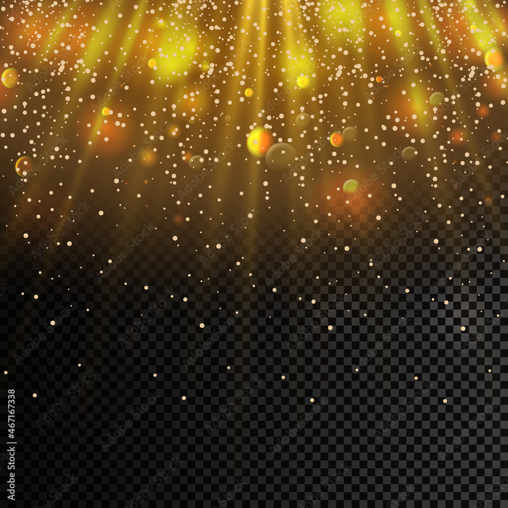Fototapeta premium Golden particles. Starry sky. Glowing yellow bokeh circles.