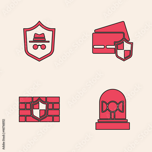 Set Flasher siren, Incognito mode, Credit card with shield and Shield brick wall icon. Vector