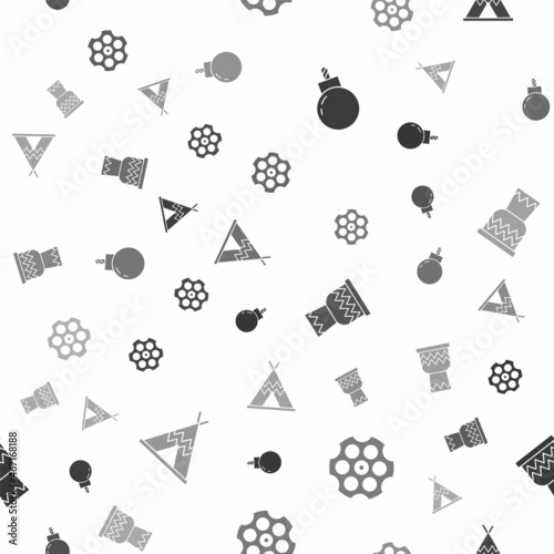 Set Bomb ready to explode, Revolver cylinder, Drum and Indian teepee or wigwam on seamless pattern. Vector