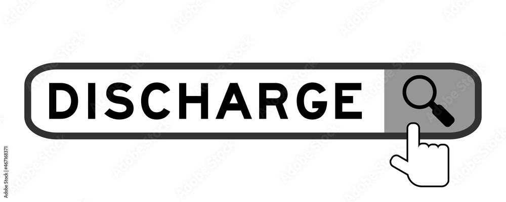 Search banner in word discharge with hand over magnifier icon on white background