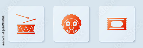 Set Clown head, Drum with drum sticks and Circus ticket. White square button. Vector
