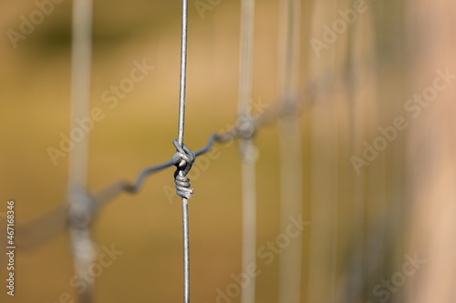 Wire fence surrounding environmnet focused on join. Join of iron boundry in nature in close up. Steel mesh secure outdoor in detail. photo