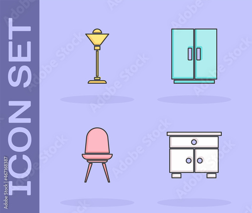 Set Furniture nightstand, Floor lamp, Chair and Wardrobe icon. Vector