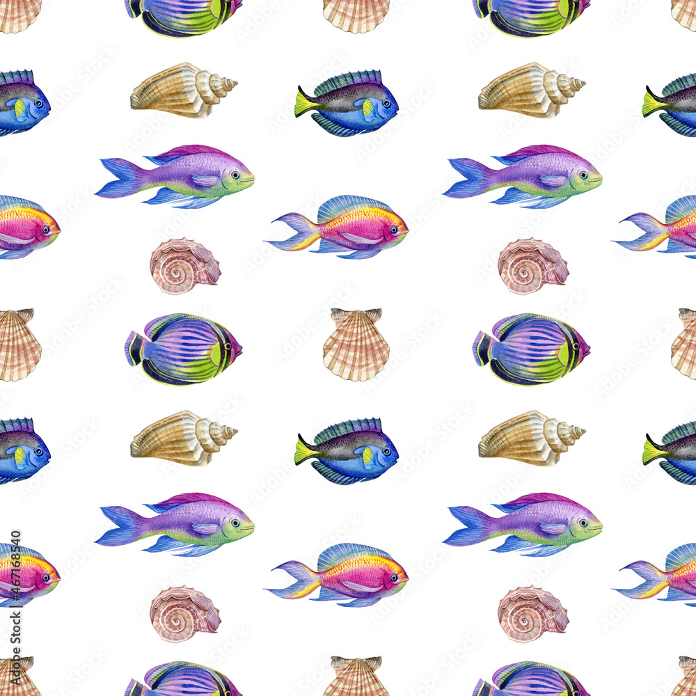 Naklejka premium Seashells and fishes seamless pattern. Watercolor hand drawn seashells and fishes rapport can be used as print, fabric, textile, wallpaper, shower curtain, wrapping paper, labels, packaging design.