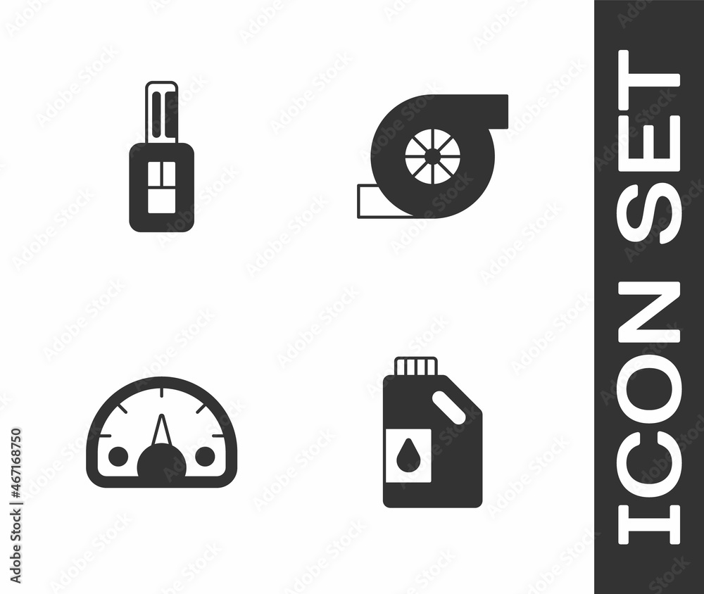 Set Canister for motor oil, Car key with remote, Speedometer and Automotive turbocharger icon. Vector Set Canister for motor oil, Car key with remote, Speedometer and Automotive turbocharger icon. Vector