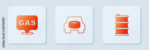 Set Spare wheel in the car, Location and gas station and Barrel oil. White square button. Vector