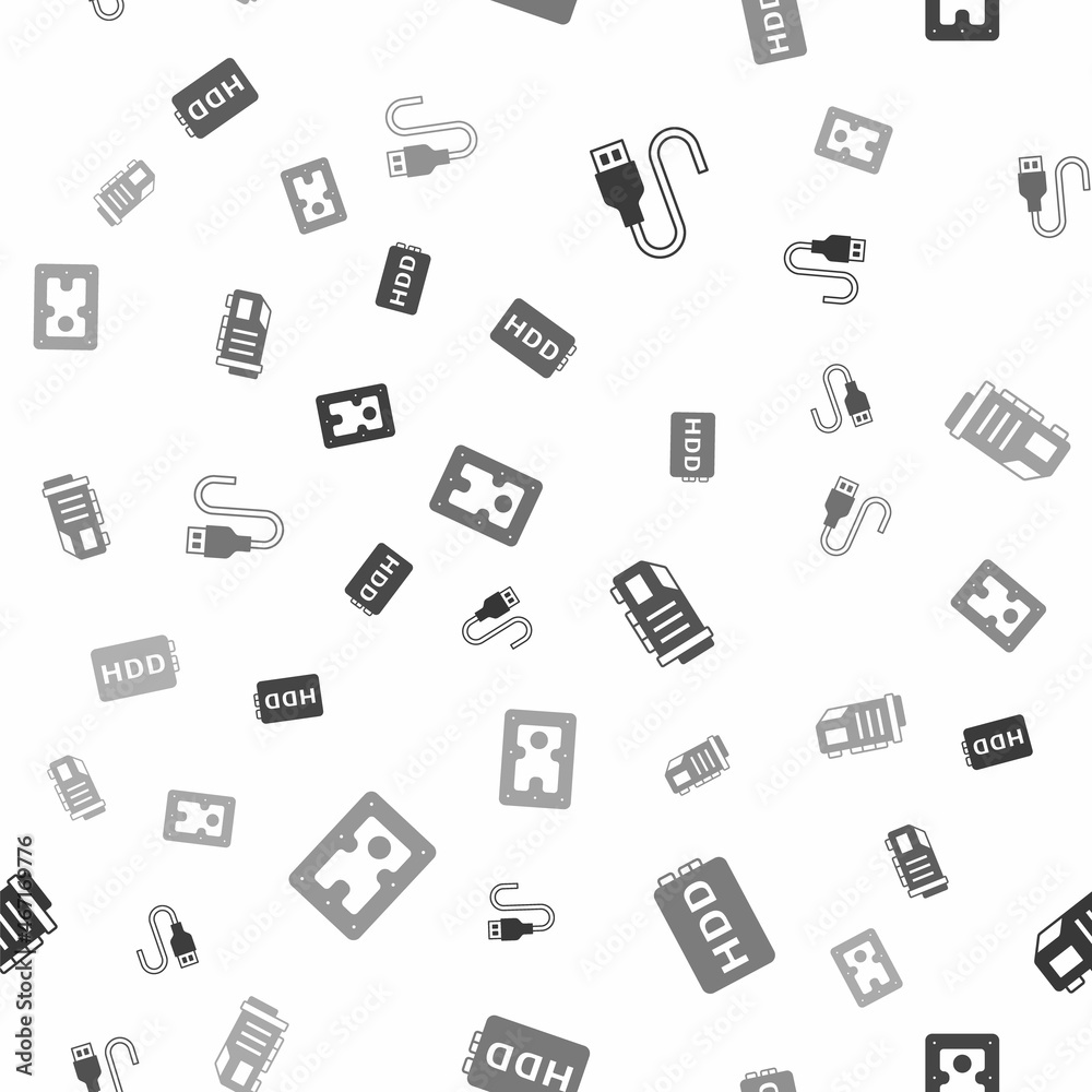Set USB cable cord, Hard disk drive HDD, Video graphic card and on seamless pattern. Vector