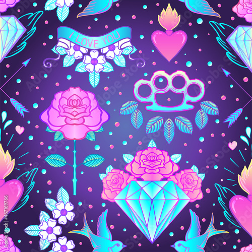 Old school tattoo style seamless pattern. Classic vector tattoo doodle elements: flower, sacred heart, diamond, swallow, brass knuckles. Traditional Tattooing inspired. Wrapping paper, textile.