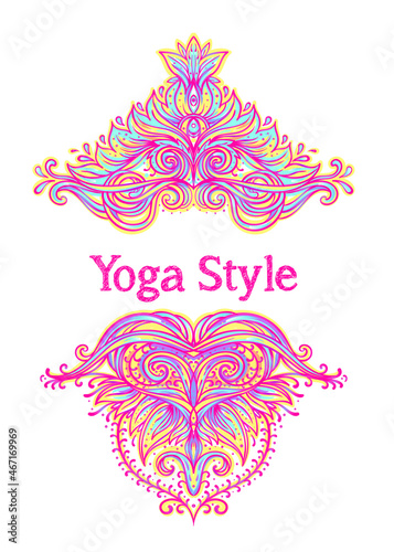 Stretch and Strength. Yoga card design. Colorful template for spiritual retreat or yoga studio. Ornamental business cards, oriental pattern. Vector illustration