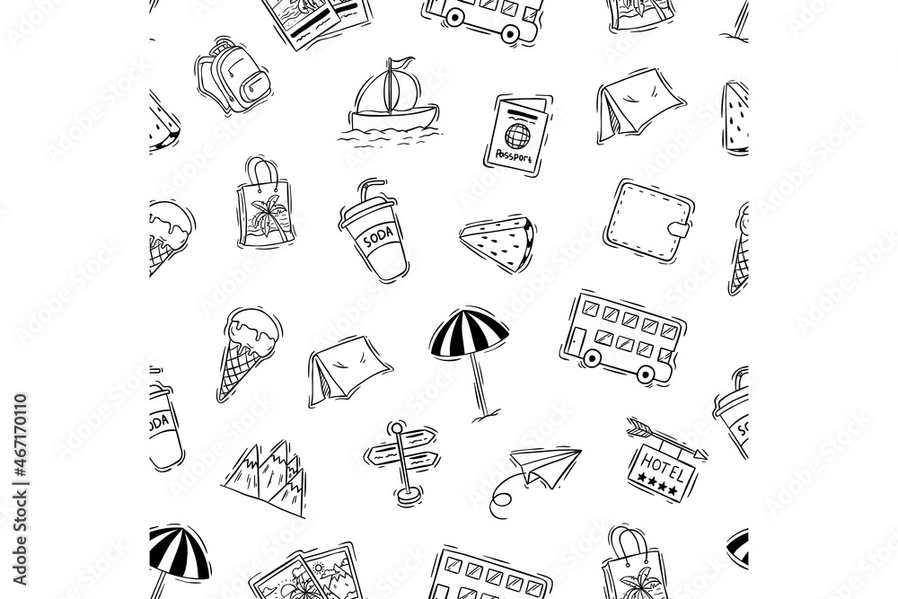 travel elements in seamless pattern with hand drawing style travel elements in seamless pattern with hand drawing style