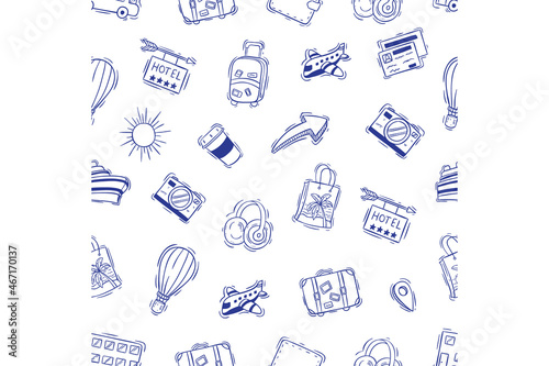 seamless pattern travel or vacation elements with hand drawing style