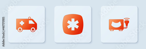 Set Emergency - Star of Life, Ambulance car and Ultrasound. White square button. Vector