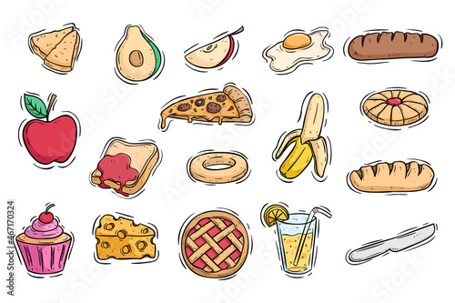 kawaii breakfast food collection with doodle style