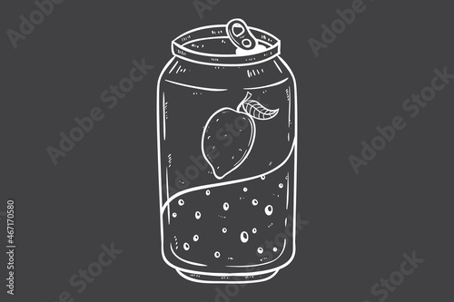 sketch style of lemon soda drink in the can with chalkboard background