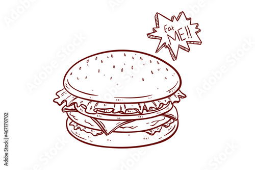 hand drawing tasty buger with speech balloon