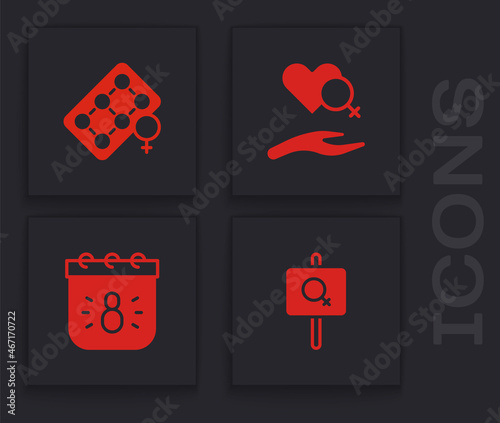 Set Feminist activist, Packaging of birth control pills, Heart with female gender and Calendar 8 March icon. Vector