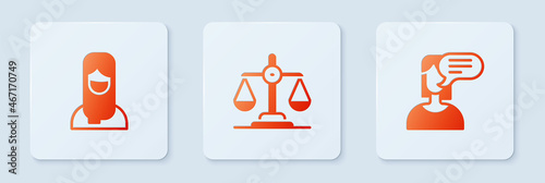 Set Gender equality, Muslim woman in hijab and Female opinion. White square button. Vector