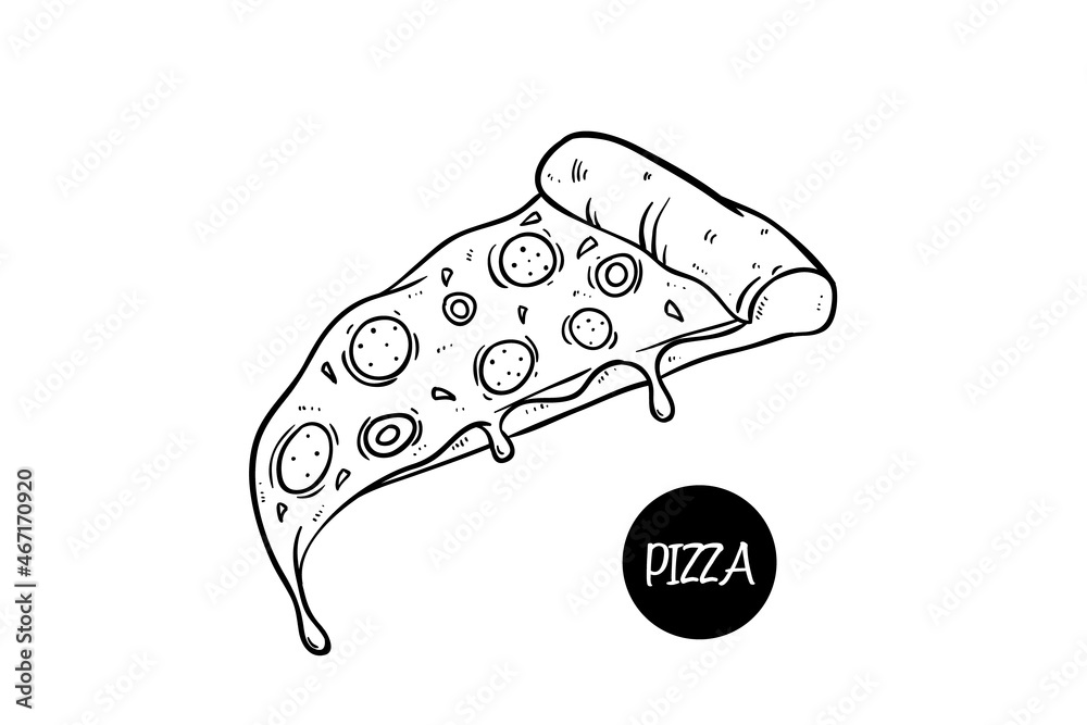 hand drawing melted pizza slice with pepperoni topping
