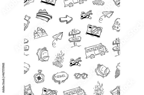 hand drawing travel elements in seamless pattern