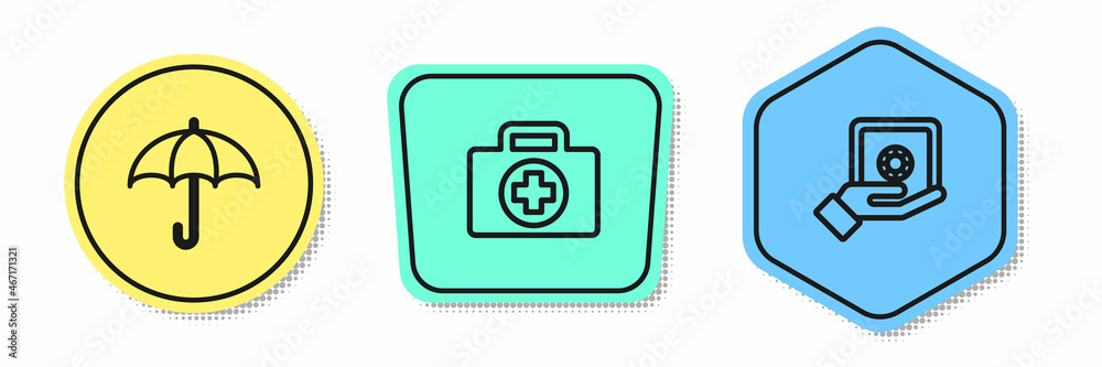 Set line Umbrella, First aid kit and Safe in hand. Colored shapes. Vector Set line Umbrella, First aid kit and Safe in hand. Colored shapes. Vector