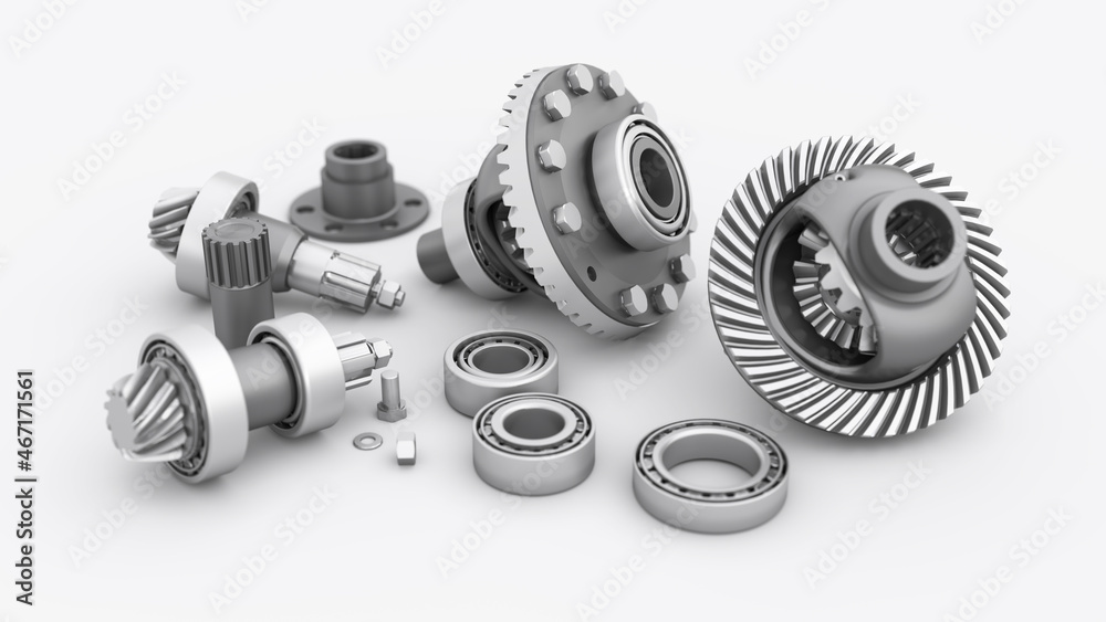 Disassembled differential. Bearings with gears on white background. 3d Render Disassembled differential. Bearings with gears on white background. 3d Render