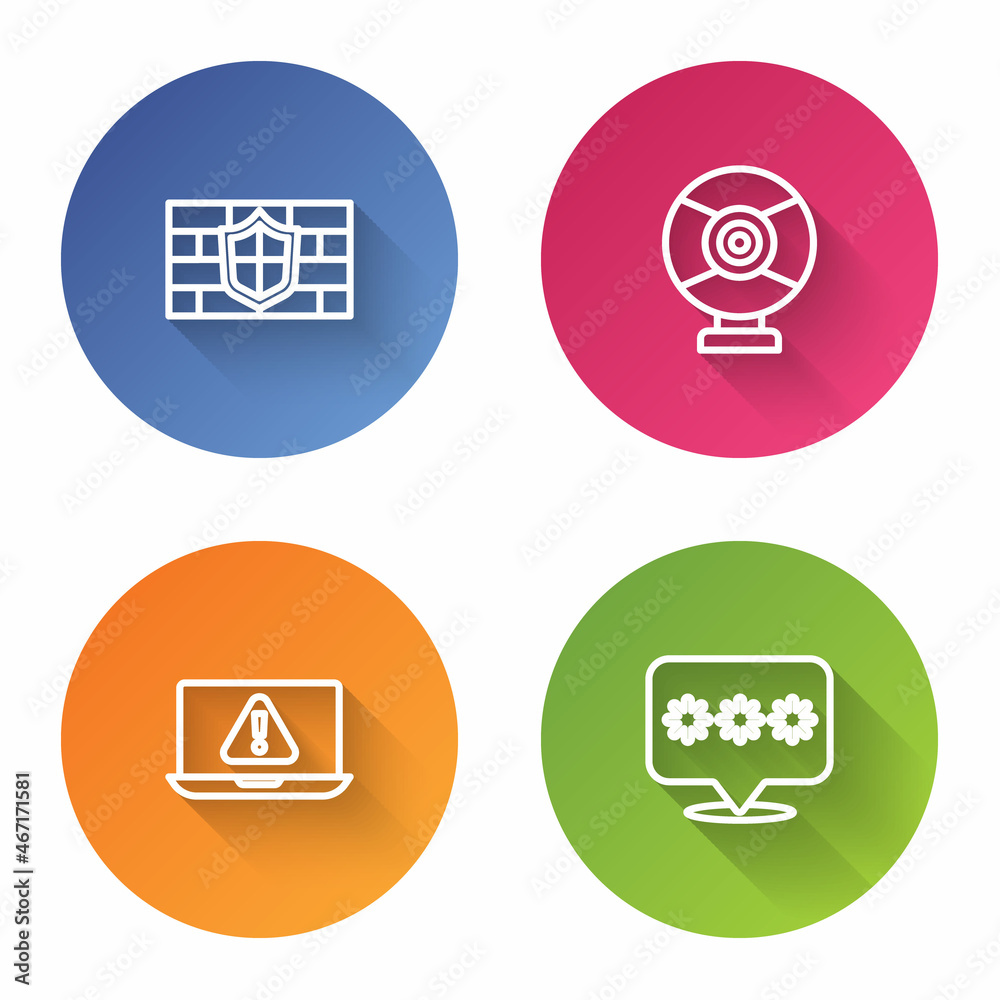 Set line Shield with brick wall, Security camera, Laptop exclamation mark and Password protection. Color circle button. Vector Set line Shield with brick wall, Security camera, Laptop exclamation mark and Password protection. Color circle button. Vector