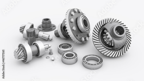 Disassembled differential. Bearings with gears on white background. 3d Render photo