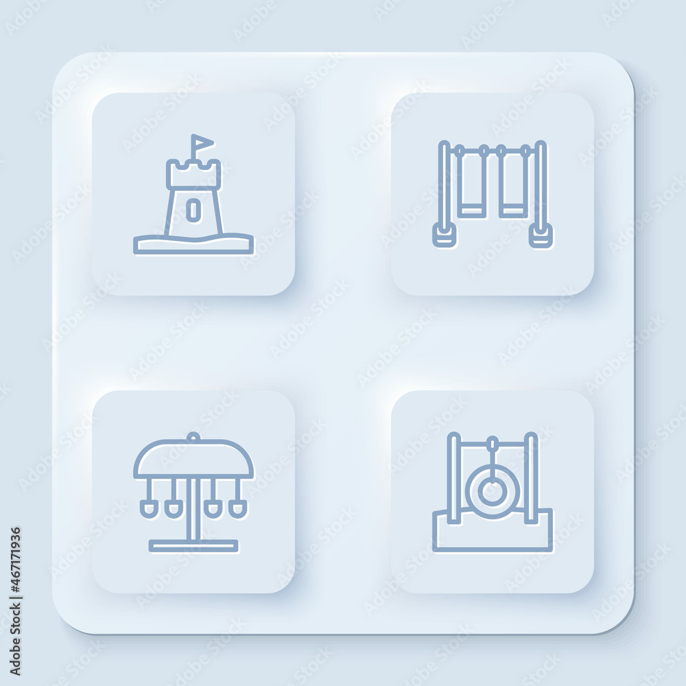 Set line Sand tower, Double swing, Attraction carousel and Car tire hanging rope. White square button. Vector Set line Sand tower, Double swing, Attraction carousel and Car tire hanging rope. White square button. Vector