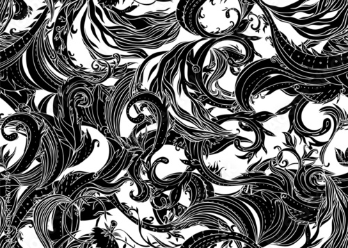 Beautiful ornate flower seamless pattern. Outline drawing, spring summer flor...