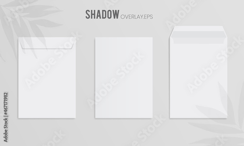 Illustration of three white paper letter envelope with leaves shadow overlay on isolated background