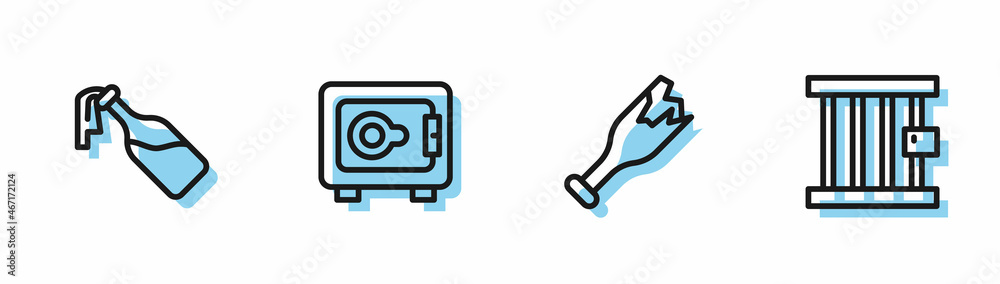 Set line Broken bottle as weapon, Cocktail molotov, Safe and Prison window icon. Vector Set line Broken bottle as weapon, Cocktail molotov, Safe and Prison window icon. Vector