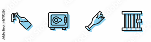 Set line Broken bottle as weapon, Cocktail molotov, Safe and Prison window icon. Vector