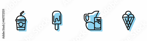 Set line Milk jug or pitcher and glass, Milkshake, Ice cream and in waffle cone icon. Vector