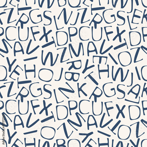 repeating seamless pattern, continuous letters, english alphabet, blue symbols on white background