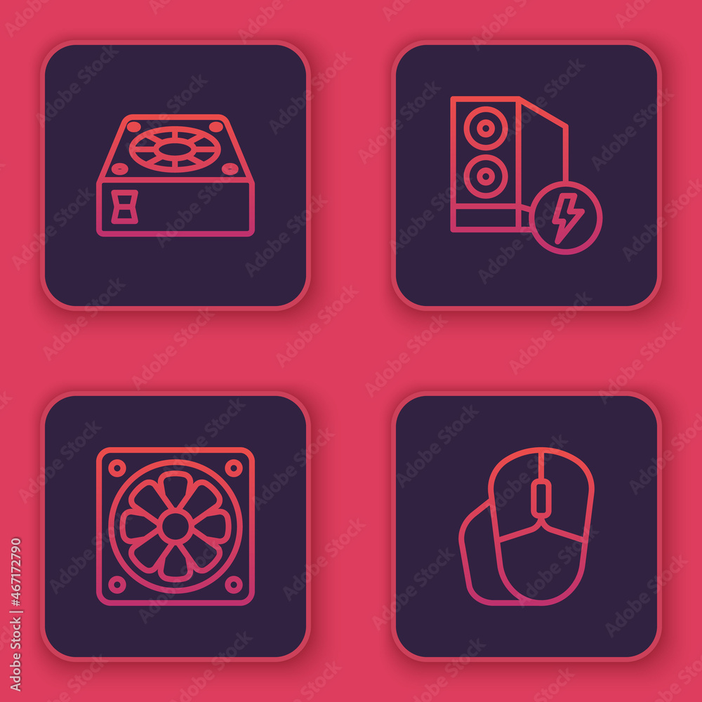 Set line Computer cooler, , Case of computer and mouse. Blue square button. Vector Set line Computer cooler, , Case of computer and mouse. Blue square button. Vector