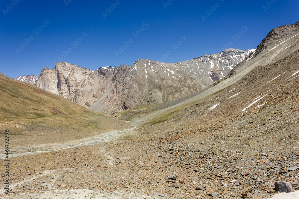 Beautiful panoramic landscape of barren mountains of Zanskar in the Great Himalayan range in Ladakh.