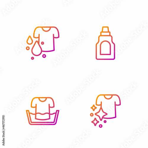 Set line Drying clothes, Basin with shirt, Dirty t-shirt and Bottle for cleaning agent. Gradient color icons. Vector