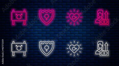 Set line Gender shield, Female, Feminism, Feminist activist and Money growth woman. Glowing neon icon on brick wall. Vector