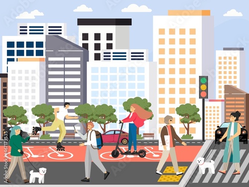 Pedestrian traffic. People walk in street, cross road at crosswalk on green light, roller skate, ride scooter, vector.