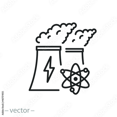 nuclear energy icon, chimney atomic electricity station, radiation power, thin line symbol - editable stroke vector illustration